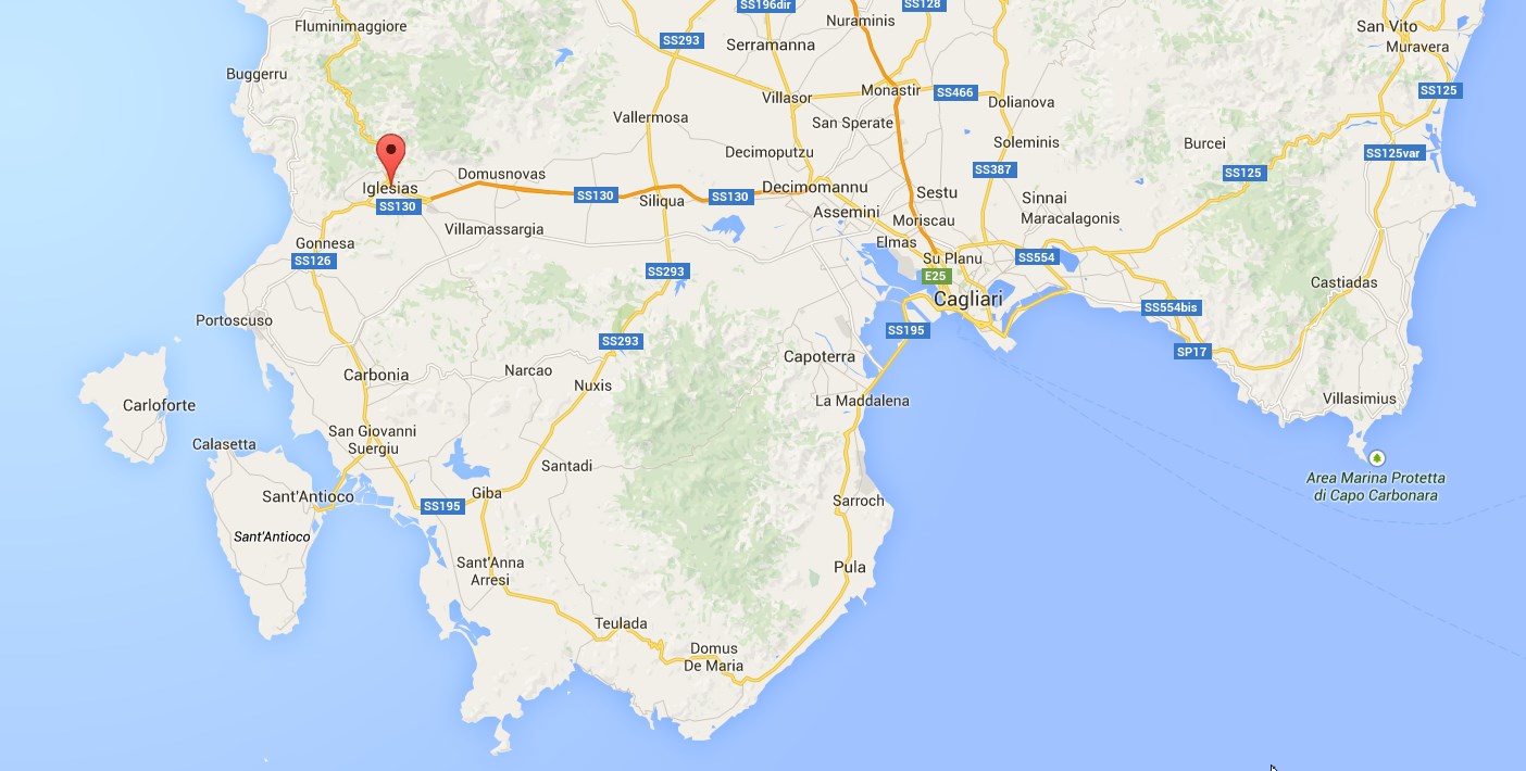 Posizione di Iglesias rispetto alla porzione sud della sardegna